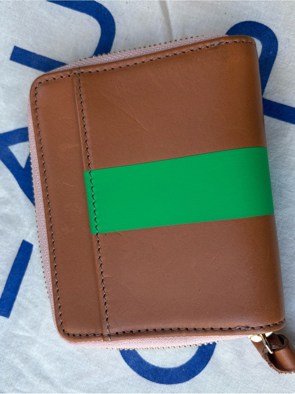 Clare V Brown Leather Zip Wallet with Green Stripe